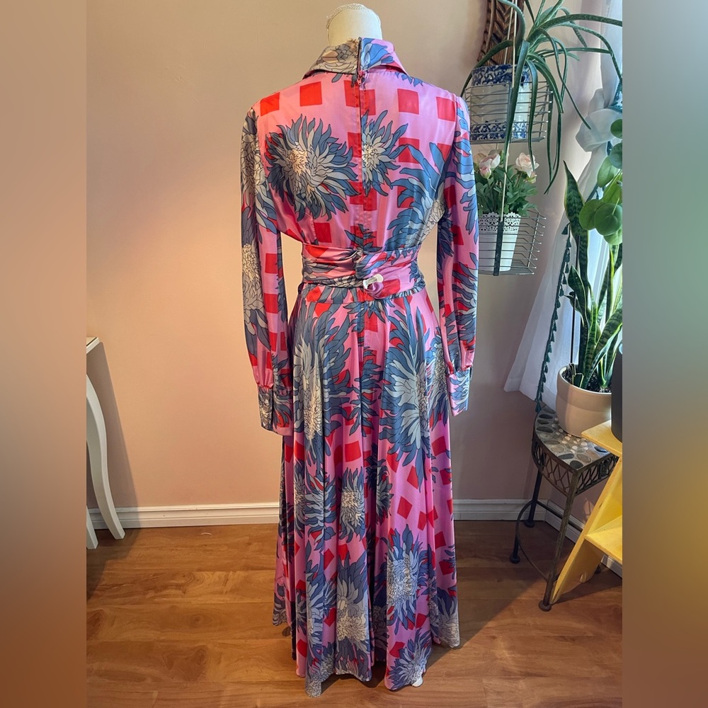 Outrageously Gorgeous Vintage Floral Print Maxi Dress Belted Gown, Size Medium - Picture 4 of 16